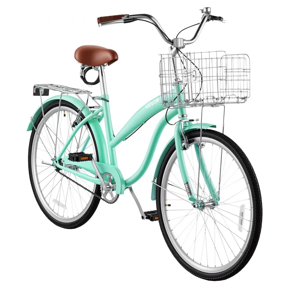 VEVOR Women Bike, 26 in Beach Cruiser Bike, Single-Speed Adult City Bicycle with Steel Frame, 330 lbs Capacity, Basket, Rear Rack & Dual V-Brakes, Mint Green