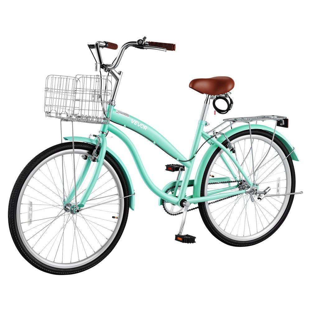 VEVOR Women Bike, 26 in Beach Cruiser Bike, Single-Speed Adult City Bicycle with Steel Frame, 330 lbs Capacity, Basket, Rear Rack & Dual V-Brakes, Mint Green