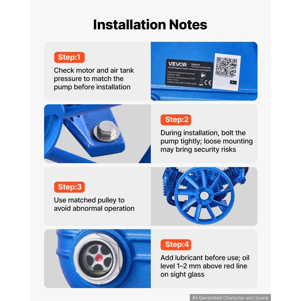 VEVOR Air Compressor Pump Head, 5HP 14.9CFM, 3-Cylinder Oil Lubricated Air Compressor Pump Head, Dual Stage Cast Iron Replacement Head with Max 175PSI Pressure for Woodworking Auto Repair