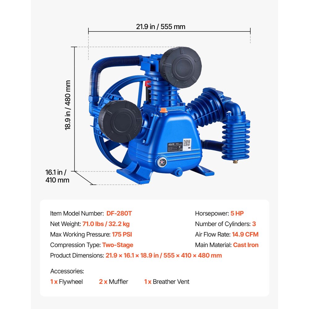 VEVOR Air Compressor Pump Head, 5HP 14.9CFM, 3-Cylinder Oil Lubricated Air Compressor Pump Head, Dual Stage Cast Iron Replacement Head with Max 175PSI Pressure for Woodworking Auto Repair
