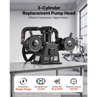 Vevor Air Compressor Pump Head 7.5 HP 19.3 CFM 3-Cylinder Single-Stage ...
