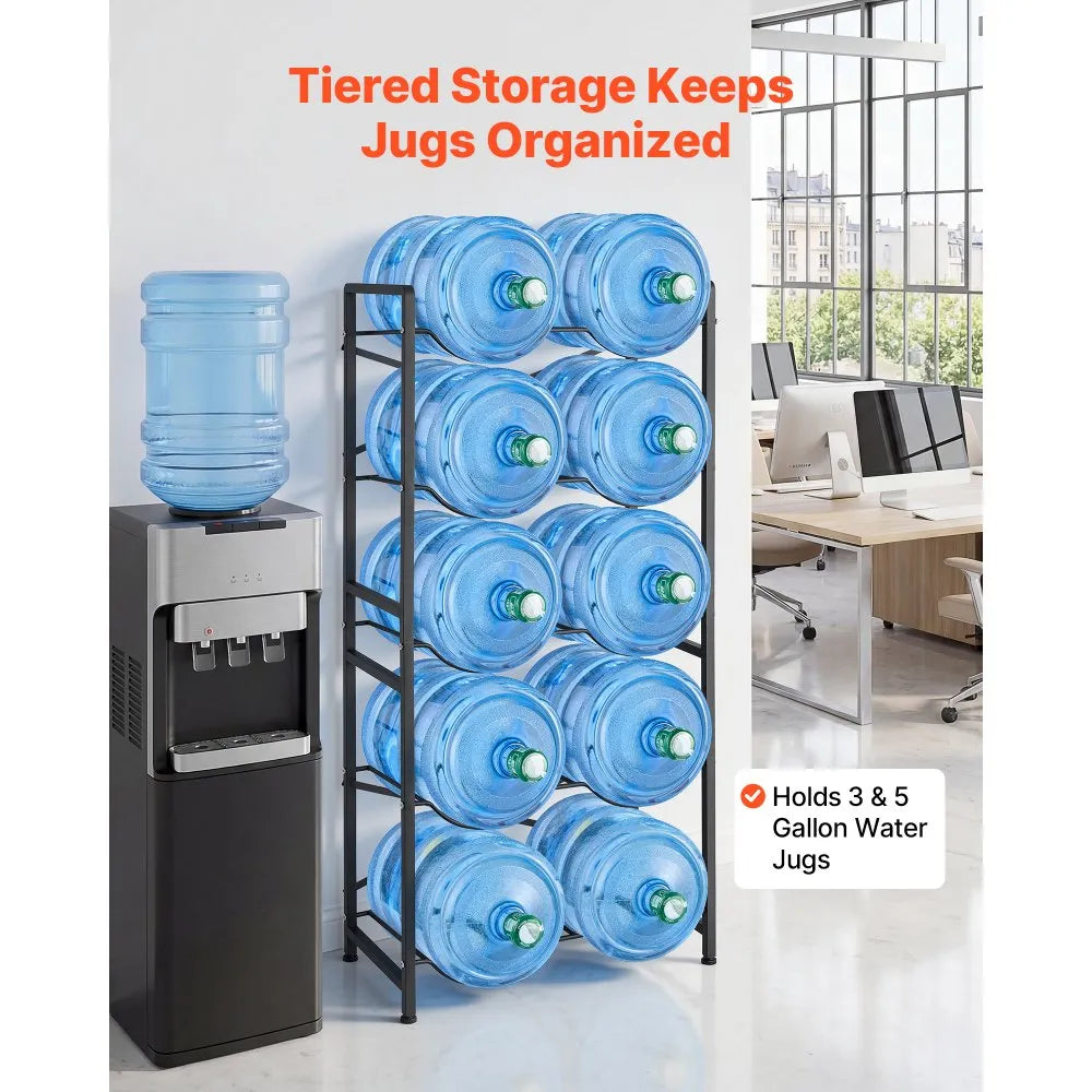 VEVOR Water Jug Holder, 5 Tiers Double Rows 3 and 5 Gallon Water Bottle Holder for 10 Bottles, Heavy Duty Jug Rack Organizer with Handles, Easy Assembly, for Kitchen, Office, Living Room, Black