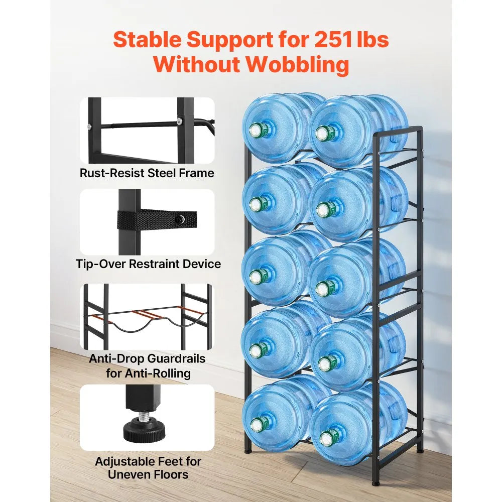VEVOR Water Jug Holder, 5 Tiers Double Rows 3 and 5 Gallon Water Bottle Holder for 10 Bottles, Heavy Duty Jug Rack Organizer with Handles, Easy Assembly, for Kitchen, Office, Living Room, Black