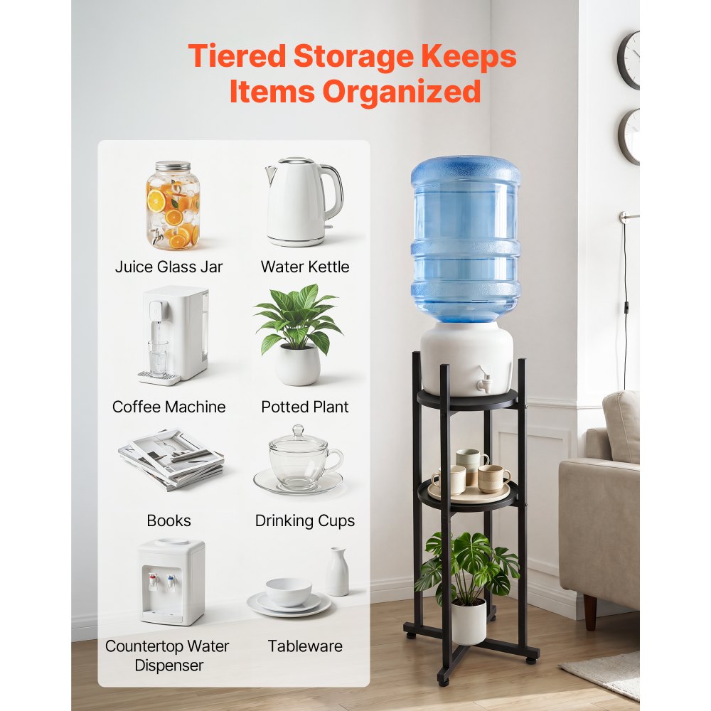 VEVOR Water Dispenser Stand, 2 Tiers Water Jug Holder for 1 Bottle, Heavy Duty Jug Rack Organizer with Detachable Storage Shelf, Cross-Shaped Stable Base, for Kitchen, Office, Living Room, Black