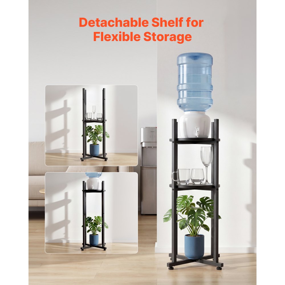 VEVOR Water Dispenser Stand, 2 Tiers Water Jug Holder for 1 Bottle, Heavy Duty Jug Rack Organizer with Detachable Storage Shelf, Cross-Shaped Stable Base, for Kitchen, Office, Living Room, Black