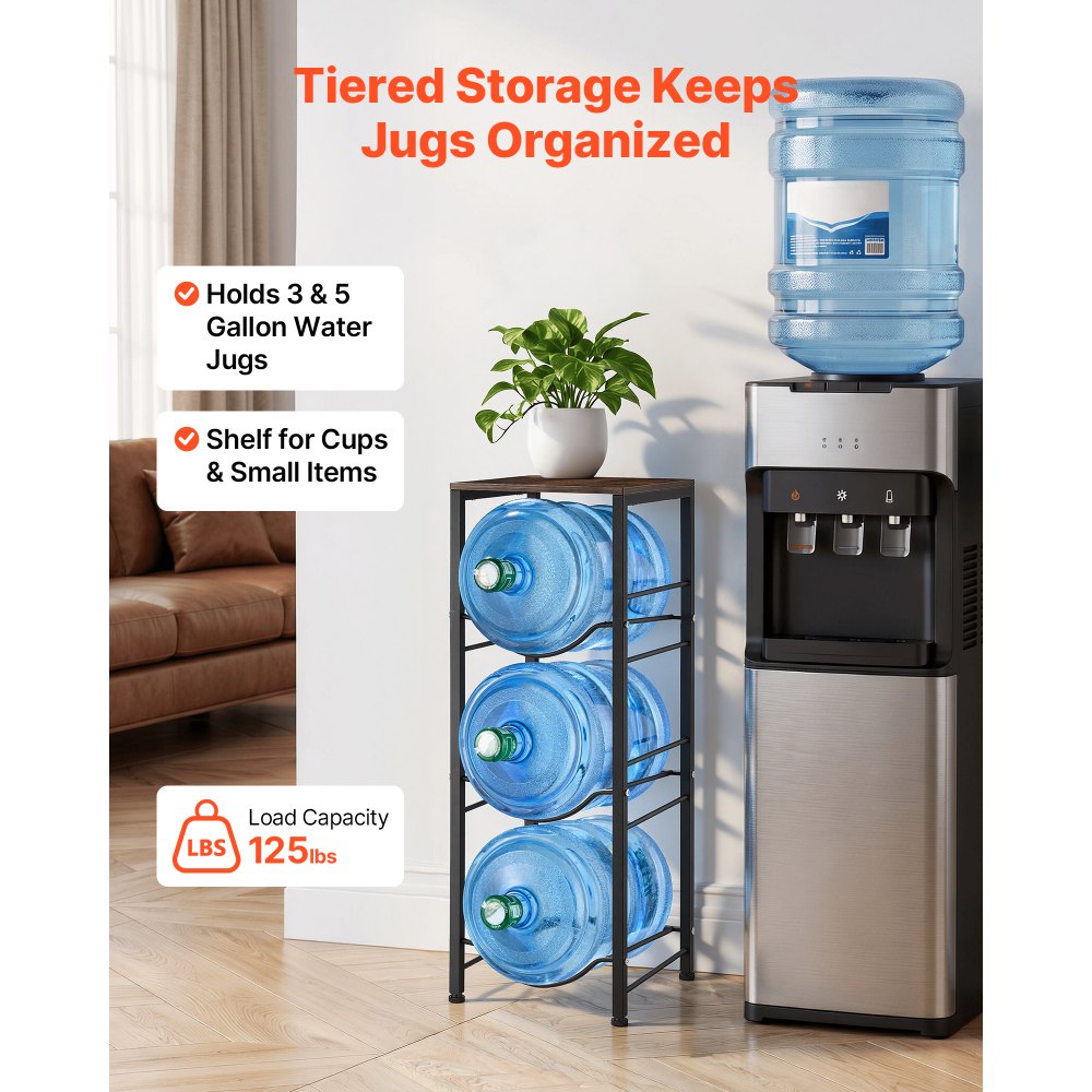 VEVOR Water Jug Holder, 4 Tiers 3 and 5 Gallon Water Bottle Holder for 3 Bottles, Heavy Duty Jug Rack Organizer with Storage Shelf, Detachable for Kitchen, Office, Living Room, Black and Brown