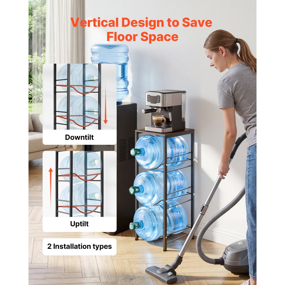 VEVOR Water Jug Holder, 4 Tiers 3 and 5 Gallon Water Bottle Holder for 3 Bottles, Heavy Duty Jug Rack Organizer with Storage Shelf, Detachable for Kitchen, Office, Living Room, Black and Brown