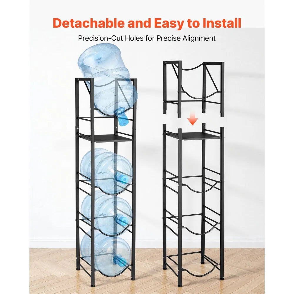 VEVOR Water Jug Holder, 5 Tiers 3 and 5 Gallon Water Bottle Holder for 4 Bottles, Heavy Duty Jug Rack Organizer with Storage Shelf, Adjustable Feet, and Handle, for Kitchen, Office, Living Room, Black