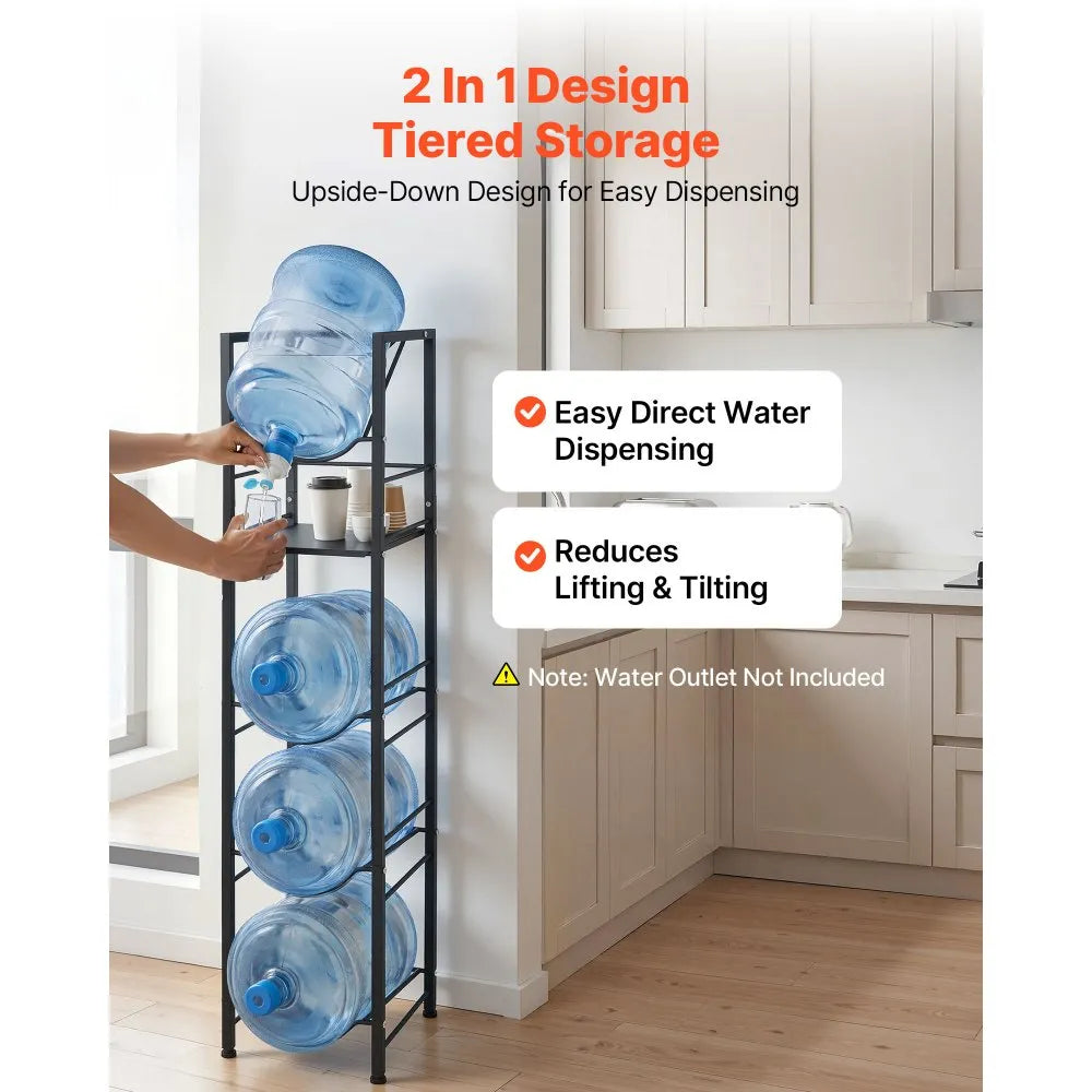 VEVOR Water Jug Holder, 5 Tiers 3 and 5 Gallon Water Bottle Holder for 4 Bottles, Heavy Duty Jug Rack Organizer with Storage Shelf, Adjustable Feet, and Handle, for Kitchen, Office, Living Room, Black