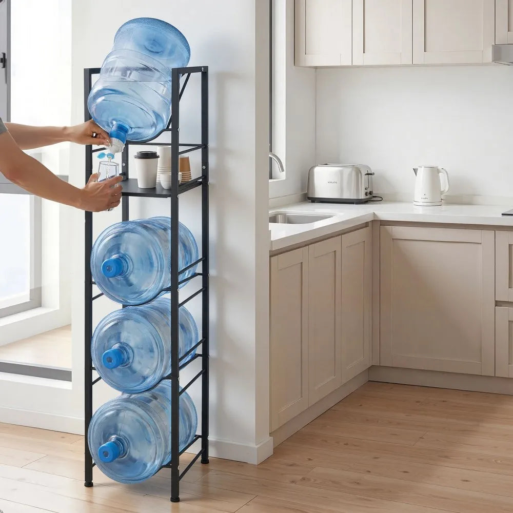 VEVOR Water Jug Holder, 5 Tiers 3 and 5 Gallon Water Bottle Holder for 4 Bottles, Heavy Duty Jug Rack Organizer with Storage Shelf, Adjustable Feet, and Handle, for Kitchen, Office, Living Room, Black