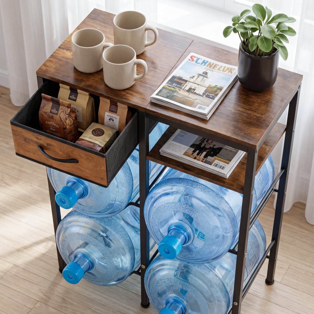 VEVOR Water Jug Holder, 4 Tiers Double Rows 3 and 5 Gallon Water Bottle Holder for 4 Bottles, Heavy Duty Jug Rack Organizer with Storage Shelf and Drawer, for Kitchen, Living Room, Black and Brown