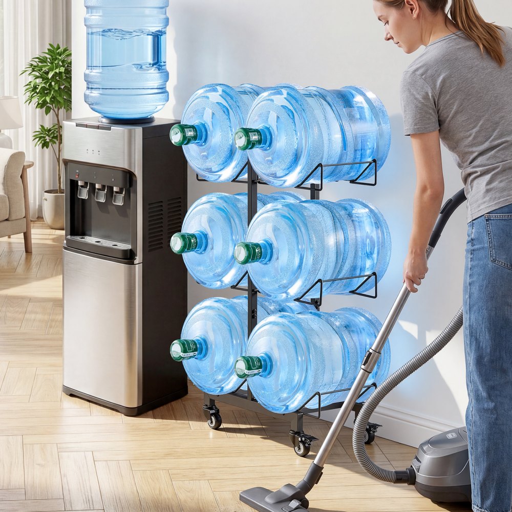 VEVOR Water Jug Holder, 4 Tiers Double Rows 3 and 5 Gallon Water Bottle Holder for 6 Bottles, Heavy Duty Jug Rack Organizer with Handles, Foldable for Kitchen, Office, Living Room, Black and Brown