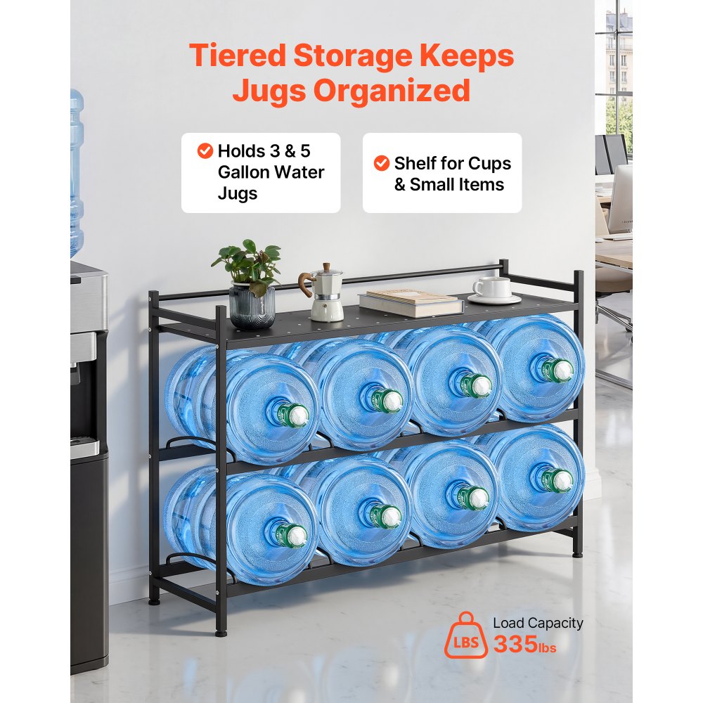 VEVOR Water Jug Holder, 3 Tiers 4 Rows 3 and 5 Gallon Water Bottle Holder for 8 Bottles, Heavy Duty Jug Rack Organizer with Storage Shelf, Angled Design, for Kitchen, Office, Living Room, Black