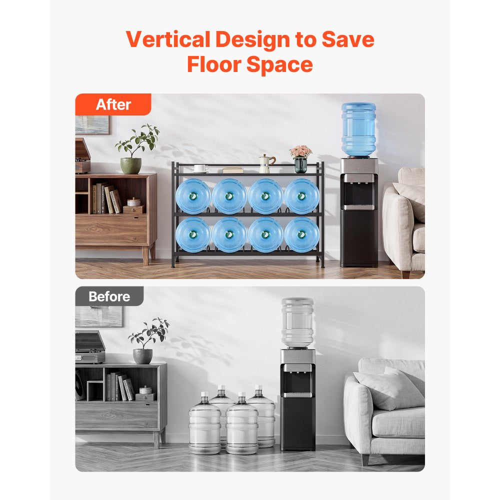 VEVOR Water Jug Holder, 3 Tiers 4 Rows 3 and 5 Gallon Water Bottle Holder for 8 Bottles, Heavy Duty Jug Rack Organizer with Storage Shelf, Angled Design, for Kitchen, Office, Living Room, Black