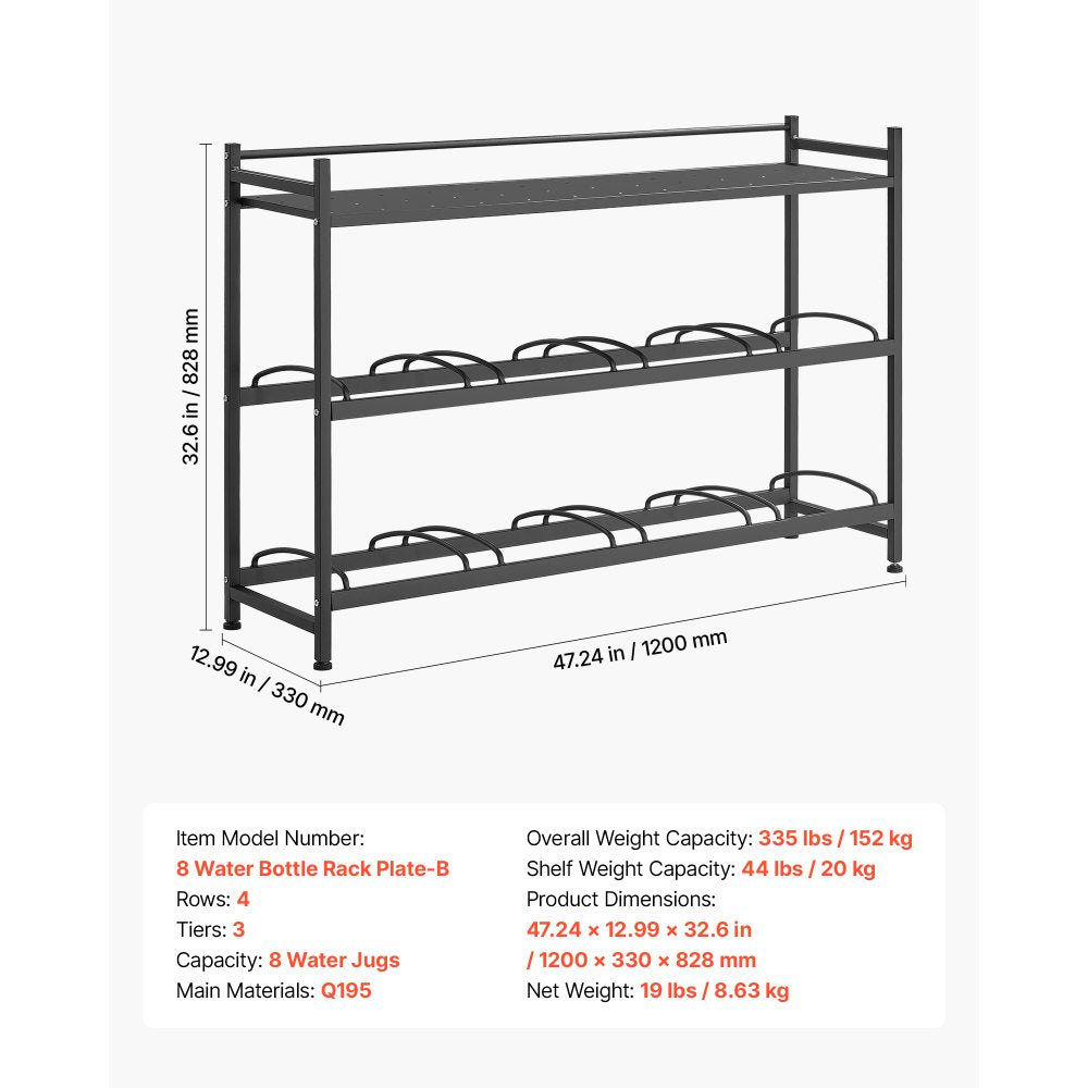 VEVOR Water Jug Holder, 3 Tiers 4 Rows 3 and 5 Gallon Water Bottle Holder for 8 Bottles, Heavy Duty Jug Rack Organizer with Storage Shelf, Angled Design, for Kitchen, Office, Living Room, Black