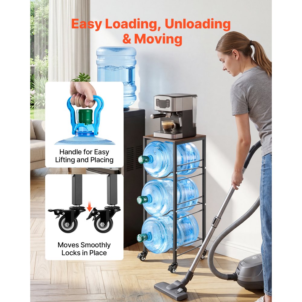 VEVOR Water Jug Holder, 4 Tiers 3 and 5 Gallon Water Bottle Holder for 3 Bottles, Heavy Duty Jug Rack Organizer with Storage Shelf and Casters, for Kitchen, Office, Living Room, Black and Brown