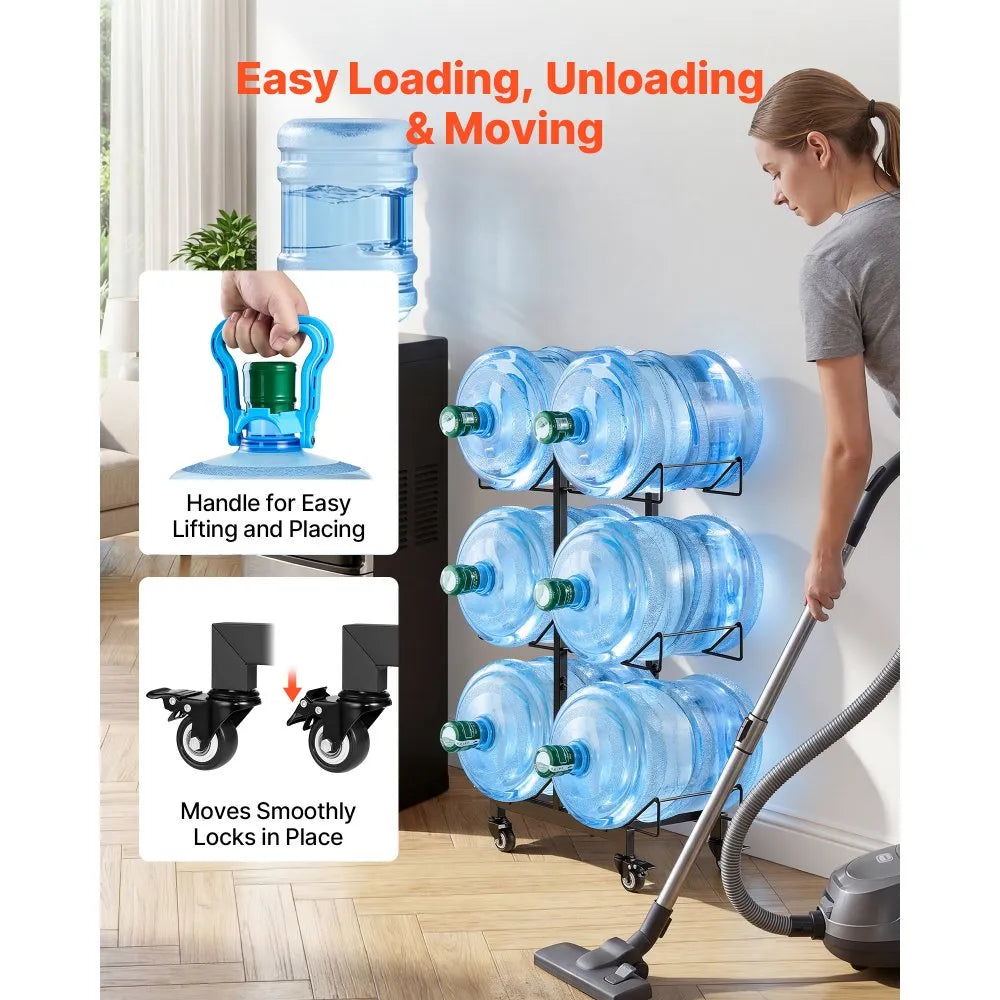 VEVOR Water Jug Holder, 3 Tiers Double Rows 3 and 5 Gallon Water Bottle Holder for 6 Bottles, Heavy Duty Jug Rack Organizer with Casters and Handles, Foldable for Kitchen, Office, Living Room, Black