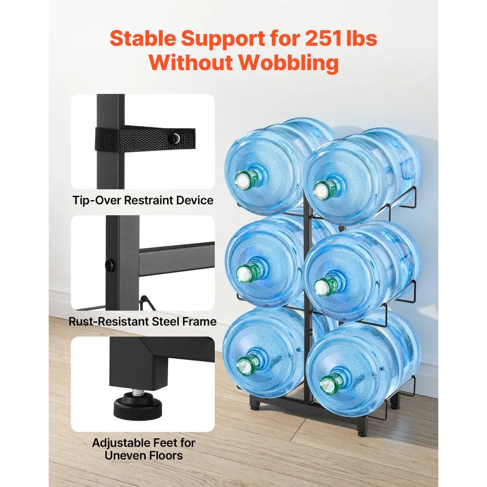 VEVOR Water Jug Holder, 3 Tiers Double Rows 3 and 5 Gallon Water Bottle Holder for 6 Bottles, Heavy Duty Jug Rack Organizer with Casters and Handles, Foldable for Kitchen, Office, Living Room, Black