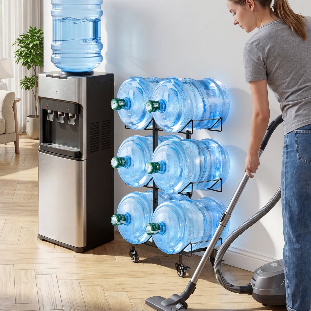 VEVOR Water Jug Holder, 3 Tiers Double Rows 3 and 5 Gallon Water Bottle Holder for 6 Bottles, Heavy Duty Jug Rack Organizer with Casters and Handles, Foldable for Kitchen, Office, Living Room, Black