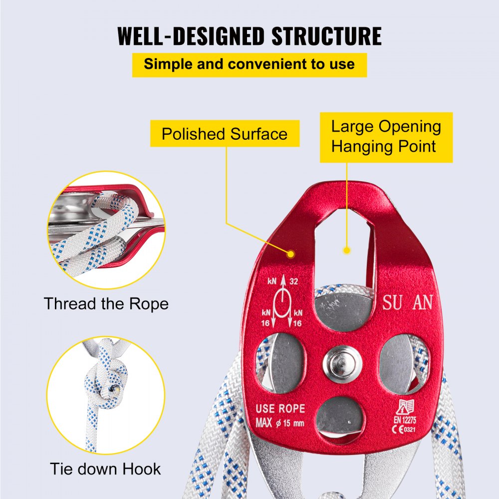 VEVOR Double Pulley Block & Rope Kit, 1/2 inch x 98 ft Braided Line, Dual Pulley Rigging System, 35 kN Breaking Strength for Tower Work, Hoisting, Training & Outdoor Applications