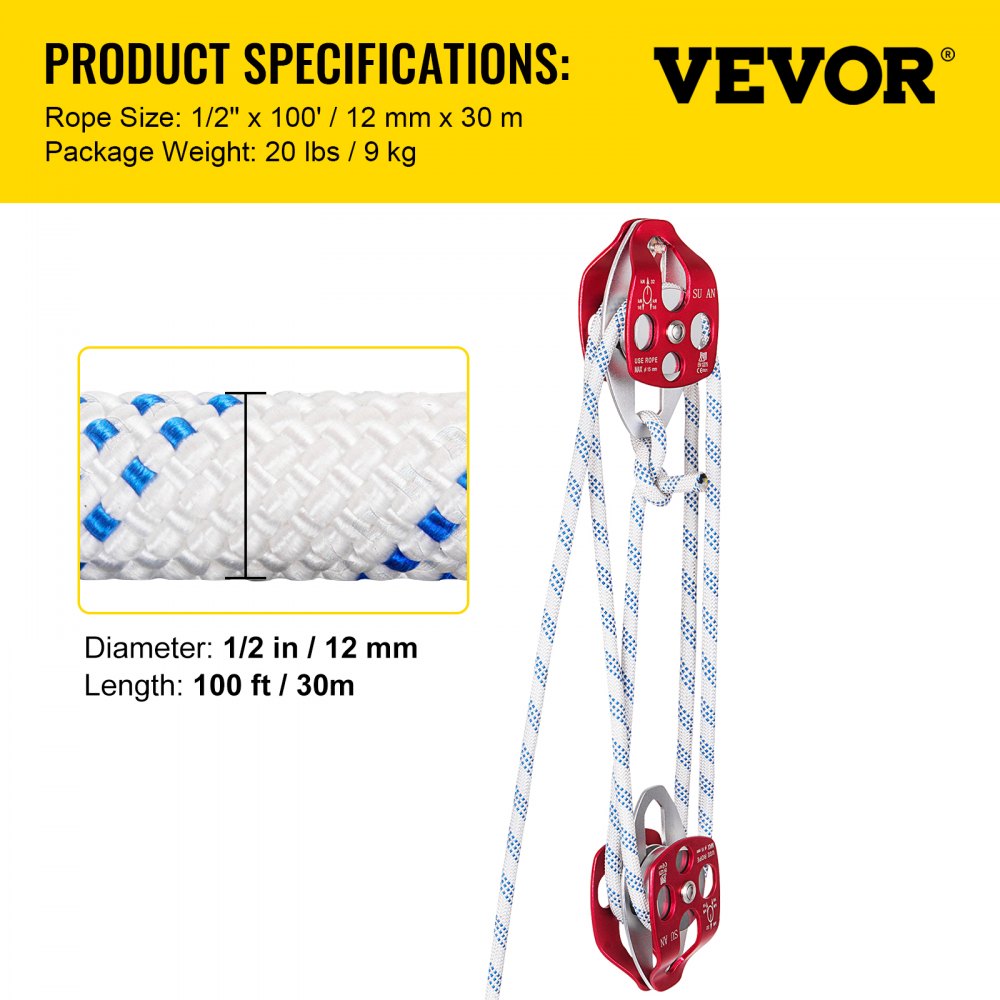 VEVOR Double Pulley Block & Rope Kit, 1/2 inch x 98 ft Braided Line, Dual Pulley Rigging System, 35 kN Breaking Strength for Tower Work, Hoisting, Training & Outdoor Applications