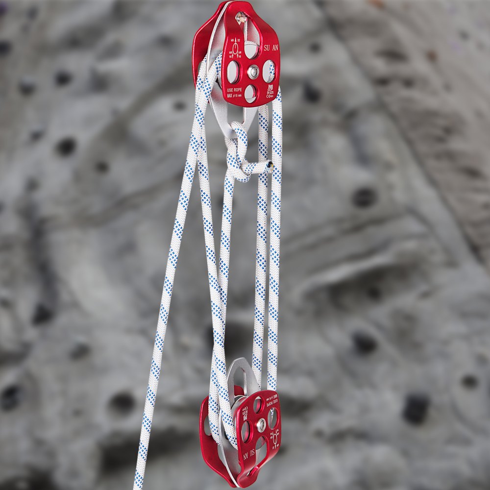 VEVOR Double Pulley Block & Rope Kit, 1/2 inch x 98 ft Braided Line, Dual Pulley Rigging System, 35 kN Breaking Strength for Tower Work, Hoisting, Training & Outdoor Applications