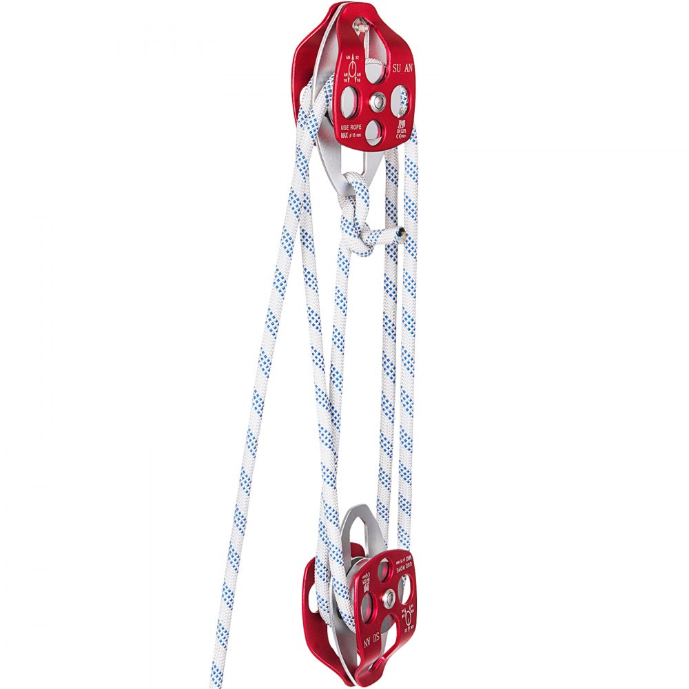 VEVOR Double Pulley Block & Rope Kit, 1/2 inch x 98 ft Braided Line, Dual Pulley Rigging System, 35 kN Breaking Strength for Tower Work, Hoisting, Training & Outdoor Applications
