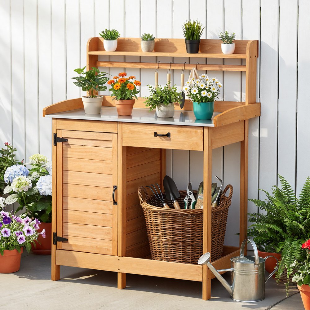 VEVOR Potting Bench Table, 3-in-1 Outdoor Gardening Wooden Workstation with 44 x 19 in Galvanized Iron Tabletop, Garden Work Station with Drawer, Storage Cabinet & Shelves, Hooks for Patio, Backyard