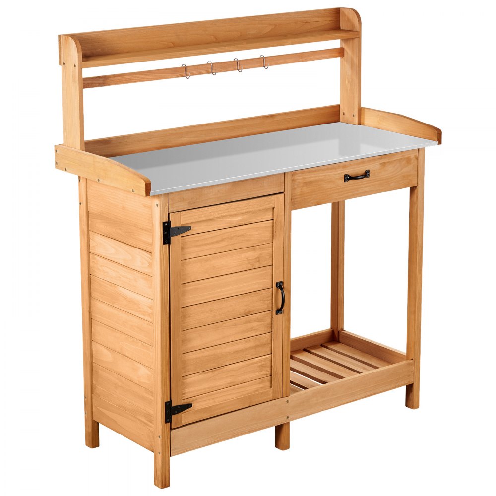 VEVOR Potting Bench Table, 3-in-1 Outdoor Gardening Wooden Workstation with 44 x 19 in Galvanized Iron Tabletop, Garden Work Station with Drawer, Storage Cabinet & Shelves, Hooks for Patio, Backyard
