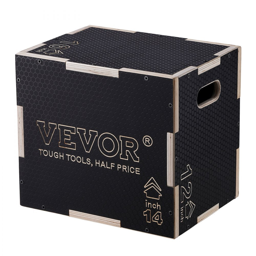 VEVOR 3 in 1 Plyometric Jump Box, 16/14/12 Inch Wooden Plyo Box, Platform & Jumping Agility Box, Anti-Slip Fitness Exercise Step Up Box for Home Gym Training, Conditioning Strength Training, Black