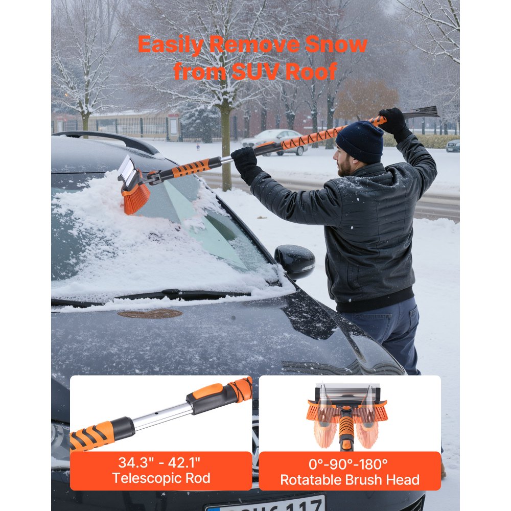 VEVOR Car Snow Brush, 3-in-1 Snow Remover for Car Windshield - with 180° Pivoting Brush Head, Squeegee & Ice Scraper, 34.3"-42.1" Extendable Aluminum Handle and Foam Grip for Cars, Truck, SUV, RV