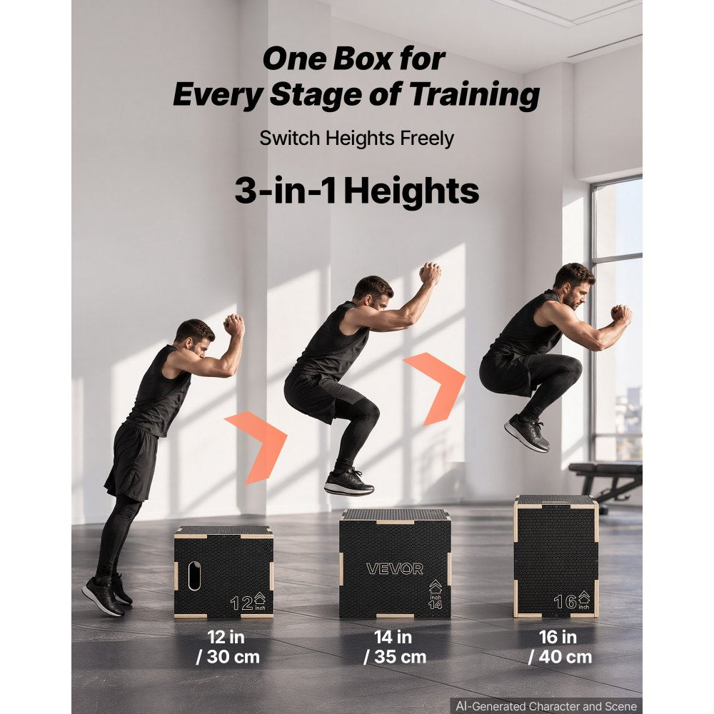 VEVOR 3-in-1 Wooden Plyo Box, 12/14/16-Inch, Non-Slip Plyometric Jump Boxes, for Home Gym, Step-Up Training Exercise Platform with Smooth Edges, Built-In Handles, Pre-Drilled Holes & Stable Support
