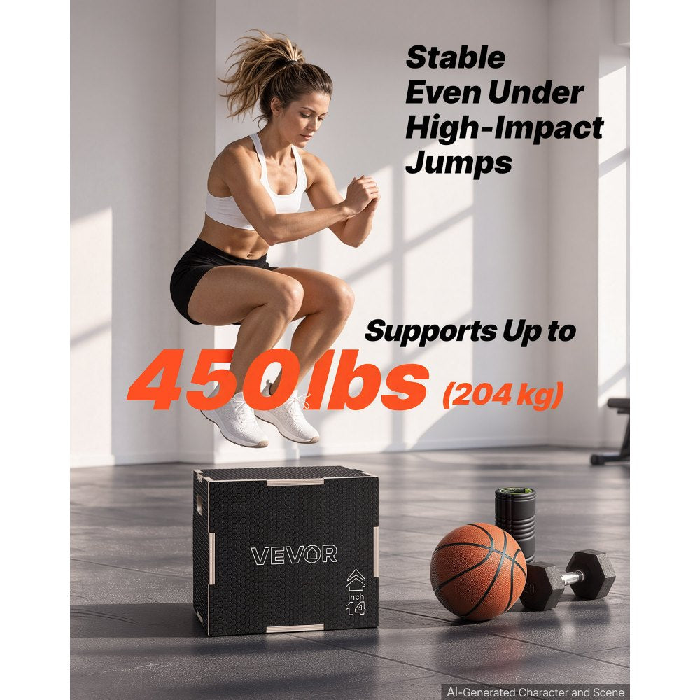 VEVOR 3-in-1 Wooden Plyo Box, 12/14/16-Inch, Non-Slip Plyometric Jump Boxes, for Home Gym, Step-Up Training Exercise Platform with Smooth Edges, Built-In Handles, Pre-Drilled Holes & Stable Support