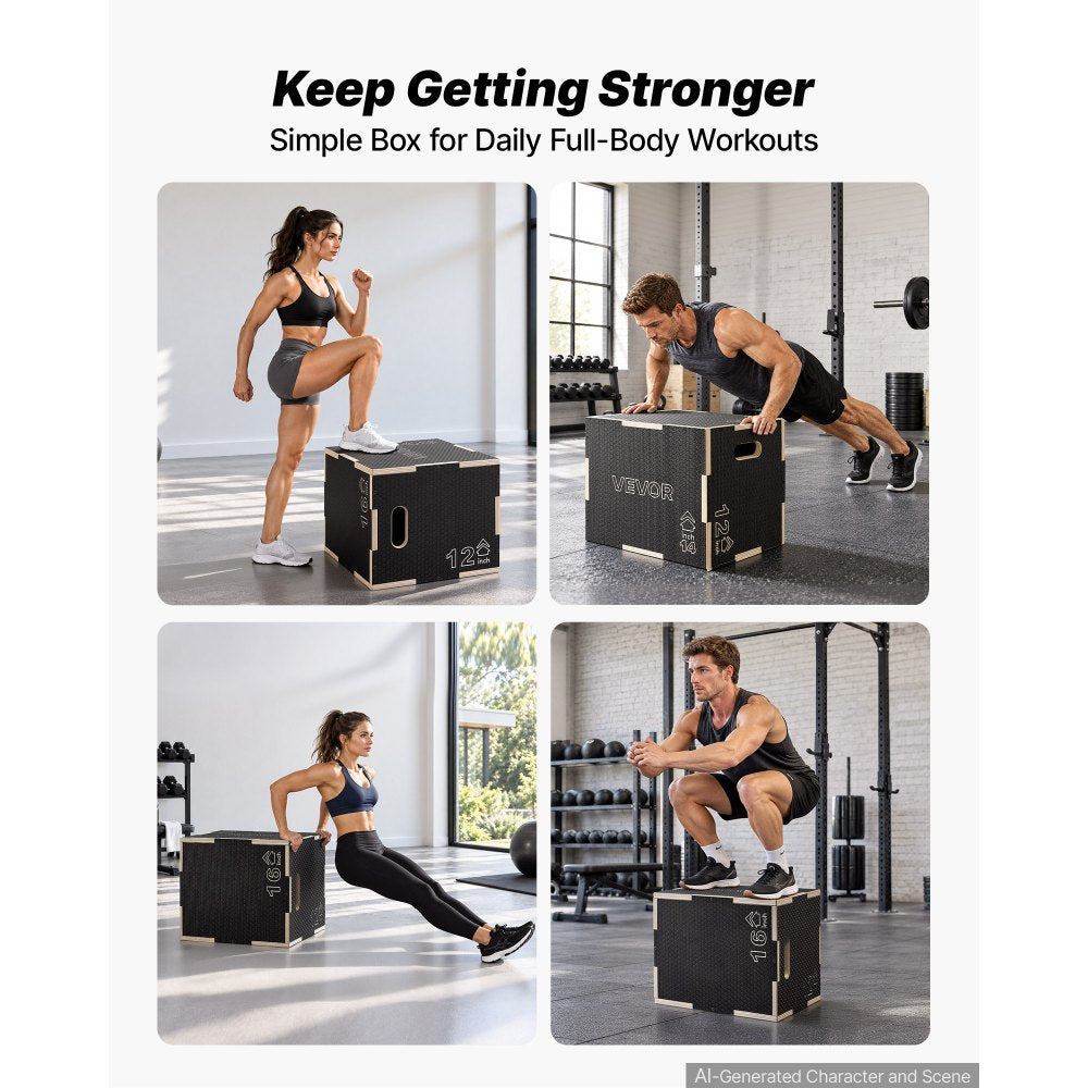 VEVOR 3-in-1 Wooden Plyo Box, 12/14/16-Inch, Non-Slip Plyometric Jump Boxes, for Home Gym, Step-Up Training Exercise Platform with Smooth Edges, Built-In Handles, Pre-Drilled Holes & Stable Support