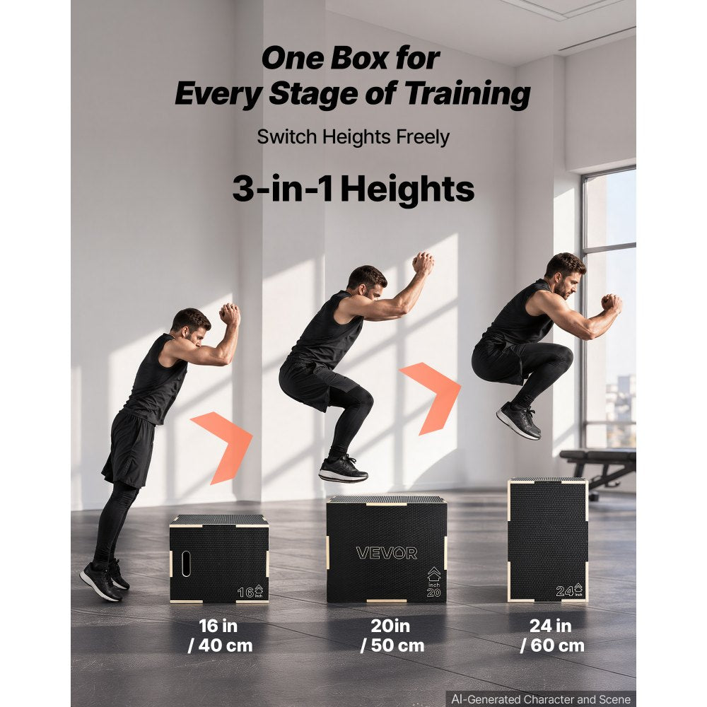 VEVOR 3-in-1 Wooden Plyo Box, 16/20/24-Inch, Non-Slip Plyometric Jump Boxes, for Home Gym, Step-Up Training Exercise Platform with Smooth Edges, Built-In Handles, Pre-Drilled Holes & Stable Support