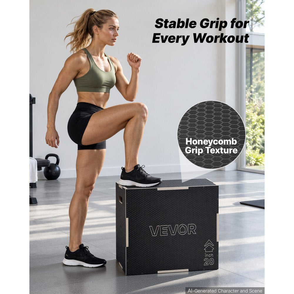 VEVOR 3-in-1 Wooden Plyo Box, 16/20/24-Inch, Non-Slip Plyometric Jump Boxes, for Home Gym, Step-Up Training Exercise Platform with Smooth Edges, Built-In Handles, Pre-Drilled Holes & Stable Support