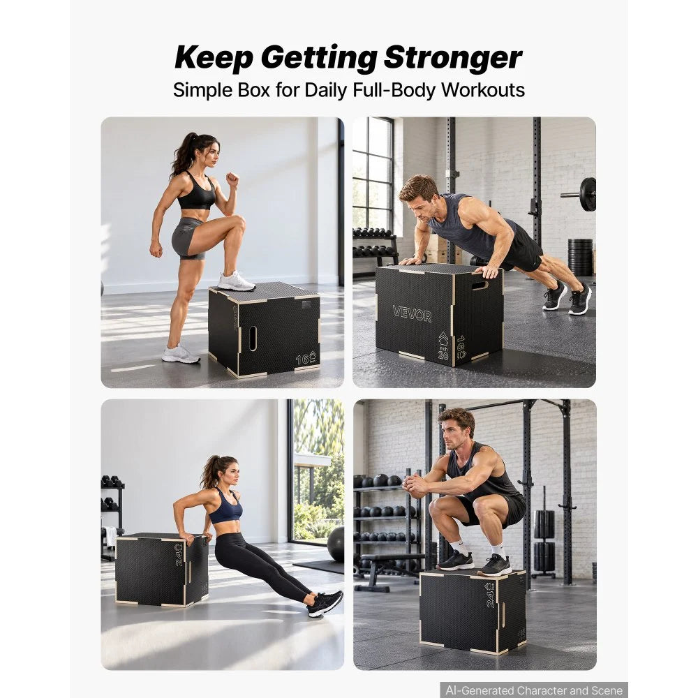VEVOR 3-in-1 Wooden Plyo Box, 16/20/24-Inch, Non-Slip Plyometric Jump Boxes, for Home Gym, Step-Up Training Exercise Platform with Smooth Edges, Built-In Handles, Pre-Drilled Holes & Stable Support