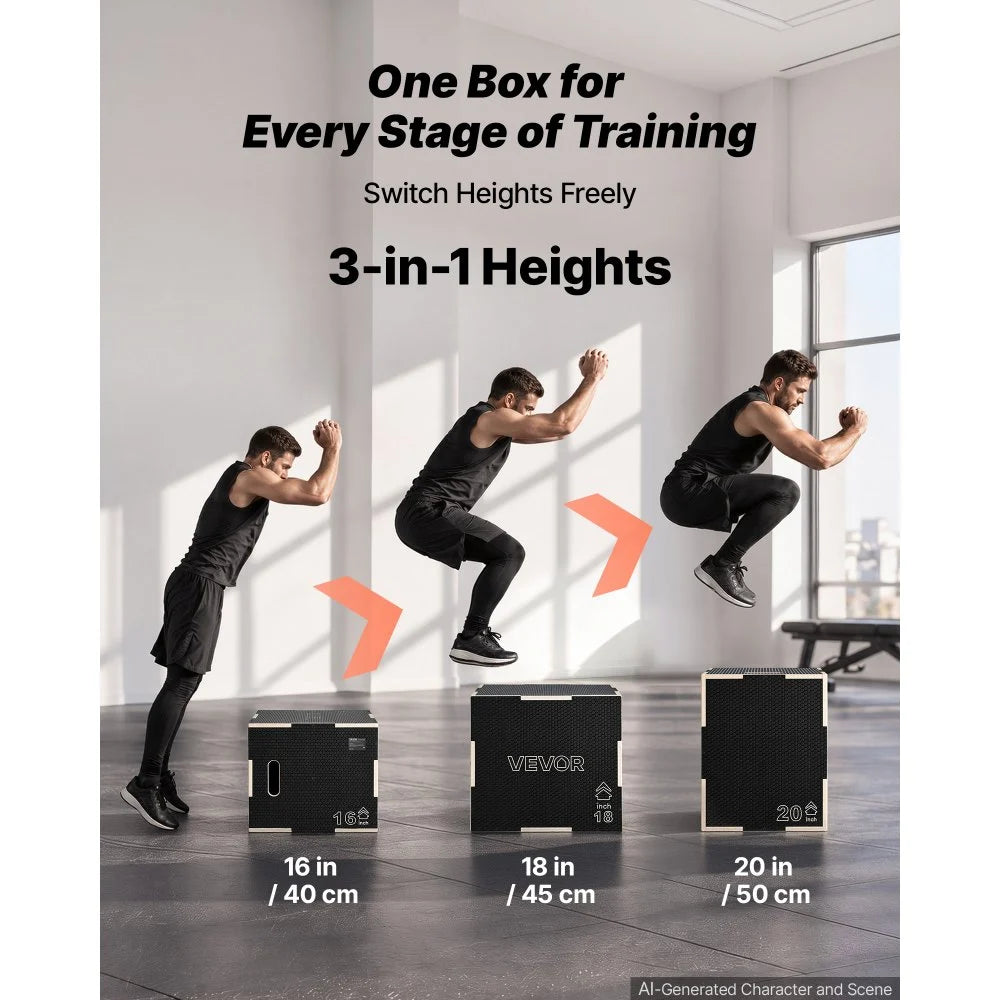VEVOR 3-in-1 Wooden Plyo Box, 16/18/20-Inch, Non-Slip Plyometric Jump Boxes, for Home Gym, Step-Up Training Exercise Platform with Smooth Edges, Built-In Handles, Pre-Drilled Holes & Stable Support