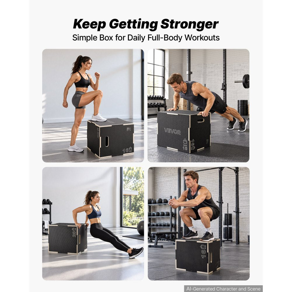 VEVOR 3-in-1 Wooden Plyo Box, 16/18/20-Inch, Non-Slip Plyometric Jump Boxes, for Home Gym, Step-Up Training Exercise Platform with Smooth Edges, Built-In Handles, Pre-Drilled Holes & Stable Support