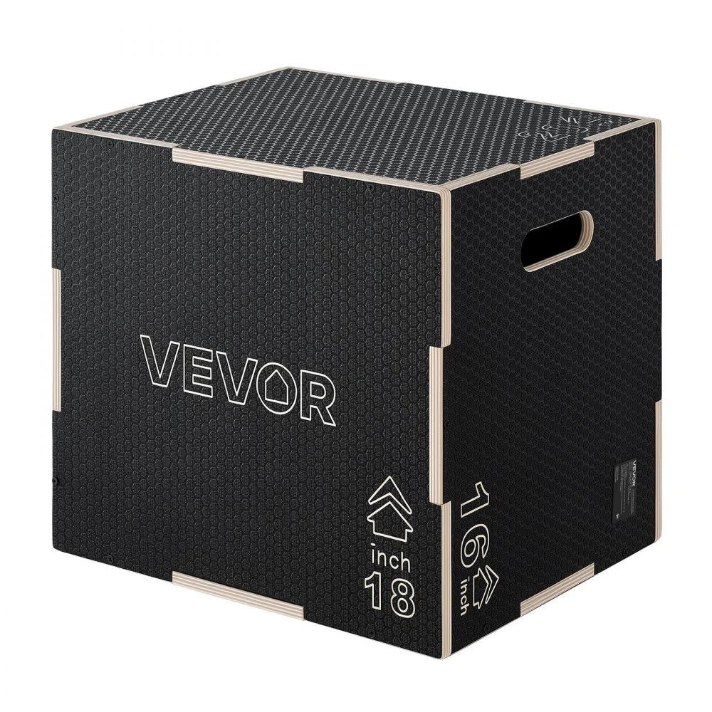 VEVOR 3-in-1 Wooden Plyo Box, 16/18/20-Inch, Non-Slip Plyometric Jump Boxes, for Home Gym, Step-Up Training Exercise Platform with Smooth Edges, Built-In Handles, Pre-Drilled Holes & Stable Support