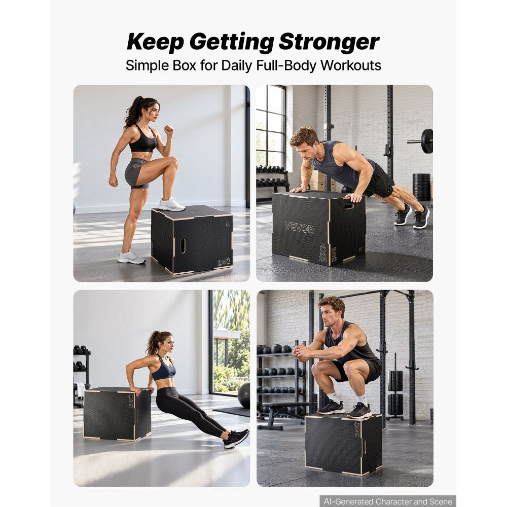 VEVOR 3-in-1 Wooden Plyo Box, 20/24/30-Inch, Non-Slip Plyometric Jump Boxes, for Home Gym, Step-Up Training Exercise Platform with Smooth Edges, Built-In Handles, Pre-Drilled Holes & Stable Support