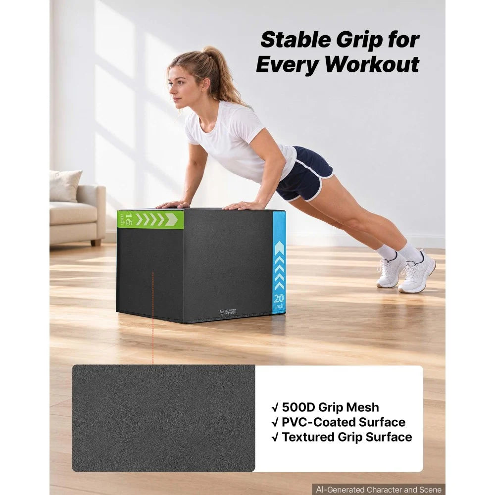 VEVOR 3-in-1 High-Density Foam Plyo Box 16/20/24-Inch Plyometric Jump Boxes, for Home Gym, Non-Slip Step-Up Training Exercise Platform with Impact Cushioning, PVC Mesh, Rounded Edges, Stable Support