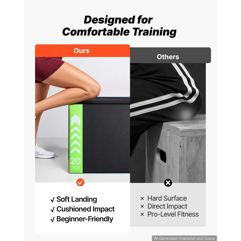 VEVOR 3-in-1 High-Density Foam Plyo Box 20/24/30-Inch Plyometric Jump Boxes, for Home Gym, Non-Slip Step-Up Training Exercise Platform with Impact Cushioning, PVC Mesh, Rounded Edges, Stable Support