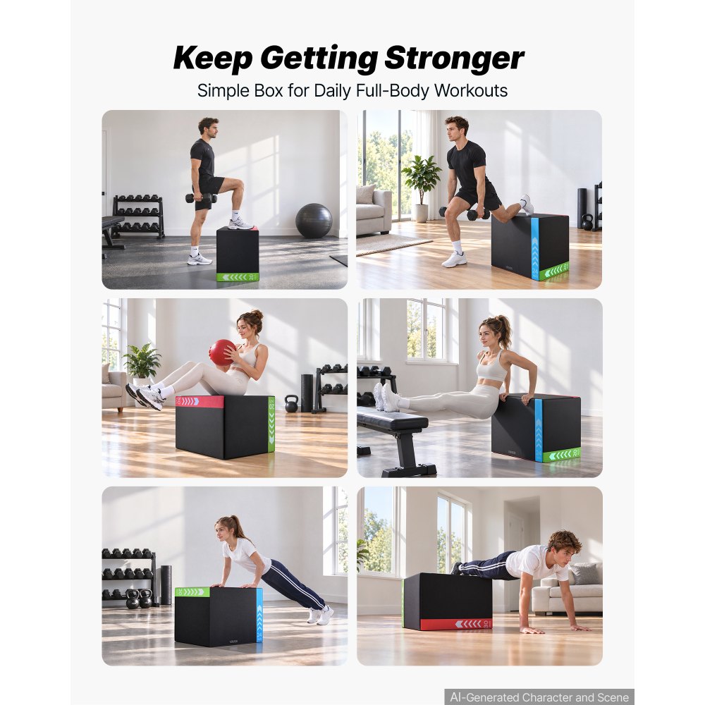 VEVOR 3-in-1 High-Density Foam Plyo Box 20/24/30-Inch Plyometric Jump Boxes, for Home Gym, Non-Slip Step-Up Training Exercise Platform with Impact Cushioning, PVC Mesh, Rounded Edges, Stable Support