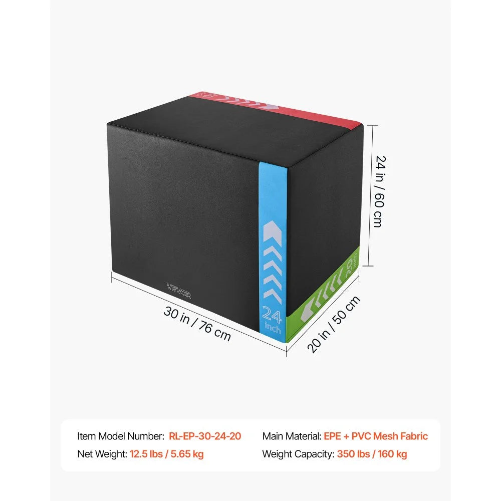 VEVOR 3-in-1 High-Density Foam Plyo Box 20/24/30-Inch Plyometric Jump Boxes, for Home Gym, Non-Slip Step-Up Training Exercise Platform with Impact Cushioning, PVC Mesh, Rounded Edges, Stable Support