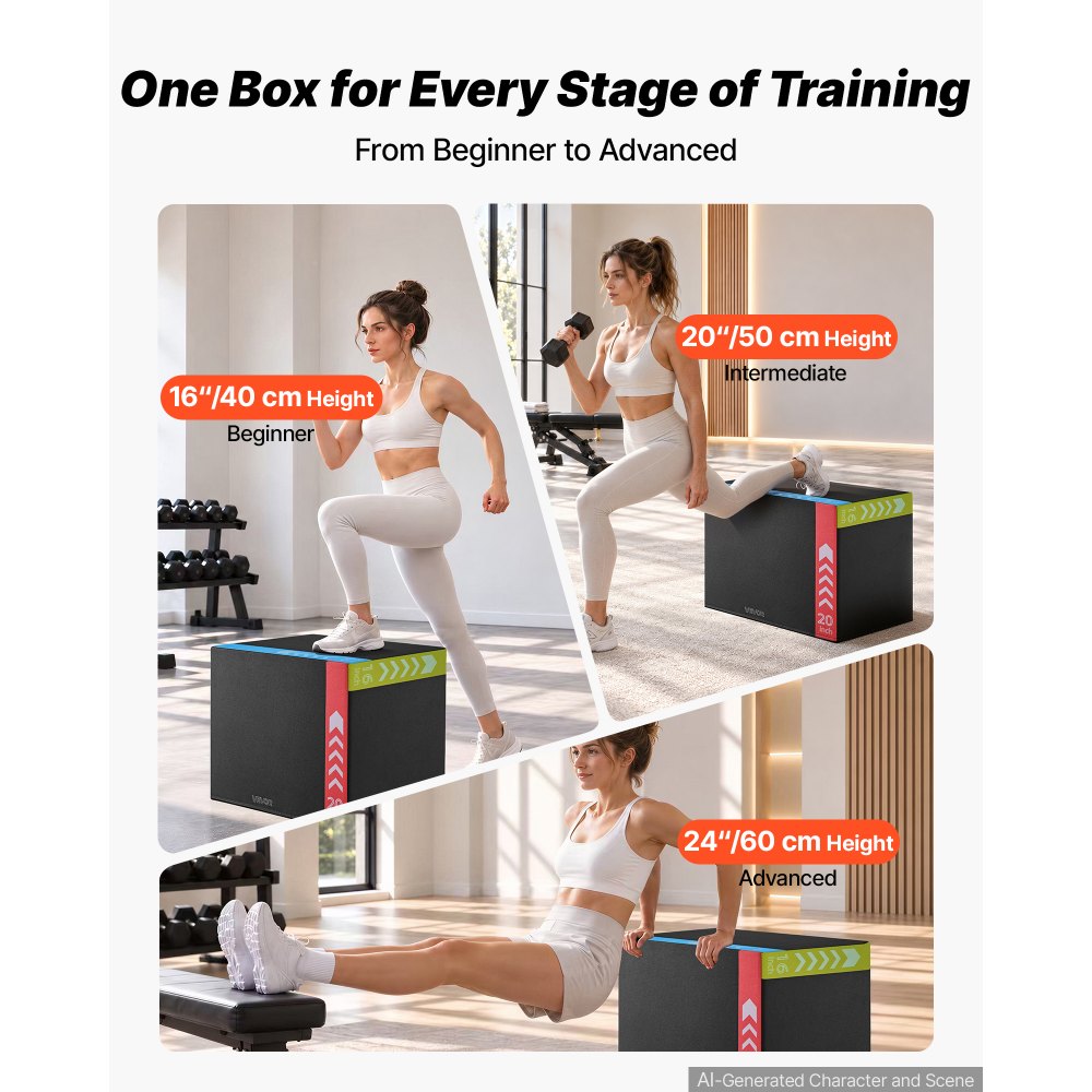 VEVOR 3-in-1 Rebonded Foam Plyo Box, 16/20/24-Inch, Plyometric Jump Boxes, for Home Gym, Non-Slip Step-Up Training Exercise Platform with Impact Cushioning, PVC Mesh, Shape Retention & Stable Support