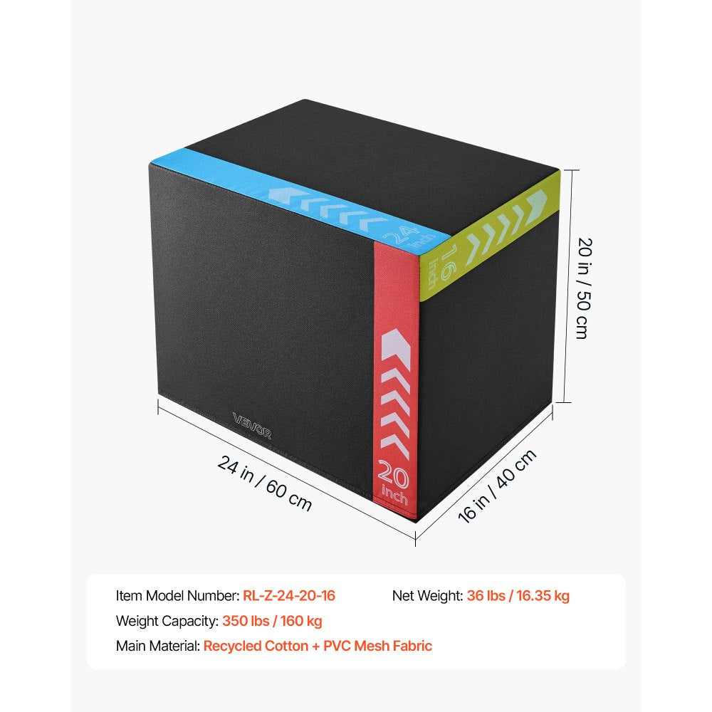 VEVOR 3-in-1 Rebonded Foam Plyo Box, 16/20/24-Inch, Plyometric Jump Boxes, for Home Gym, Non-Slip Step-Up Training Exercise Platform with Impact Cushioning, PVC Mesh, Shape Retention & Stable Support