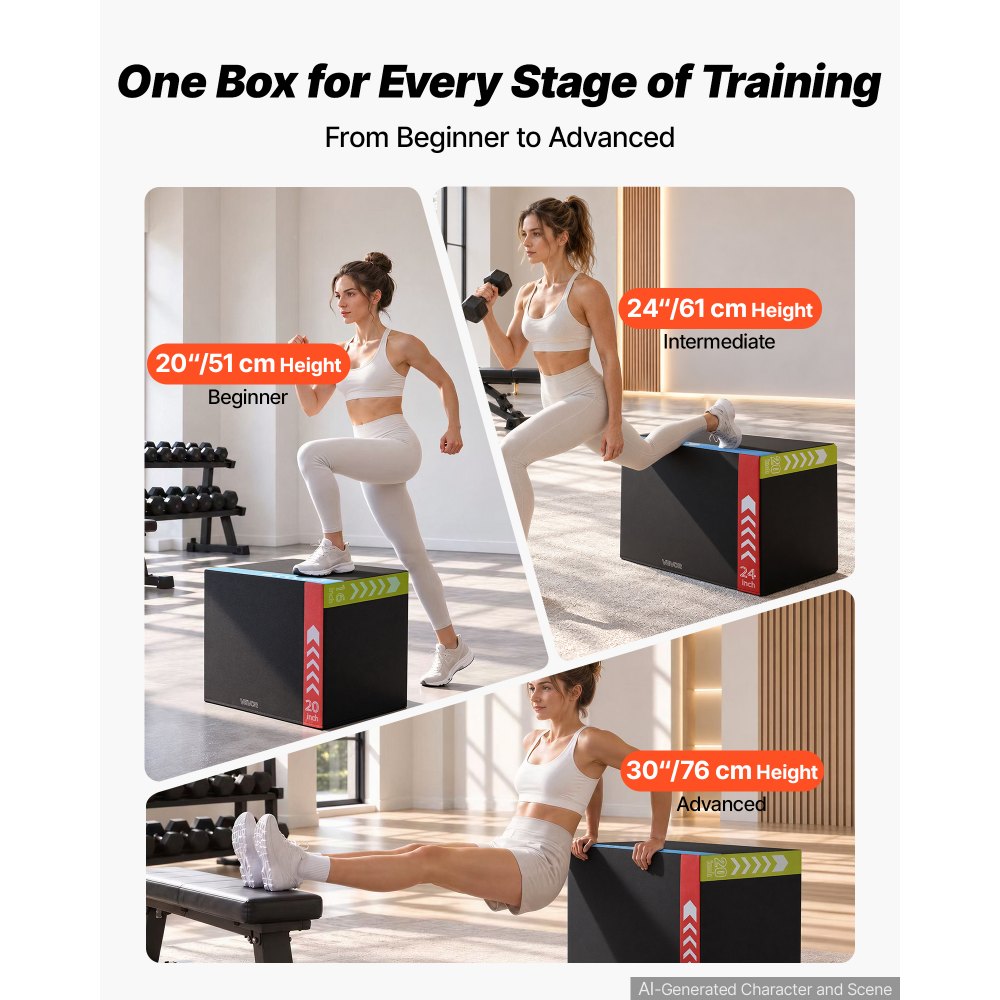 VEVOR 3-in-1 Rebonded Foam Plyo Box, 20/24/30-Inch, Plyometric Jump Boxes, for Home Gym, Non-Slip Step-Up Training Exercise Platform with Impact Cushioning, PVC Mesh, Shape Retention & Stable Support