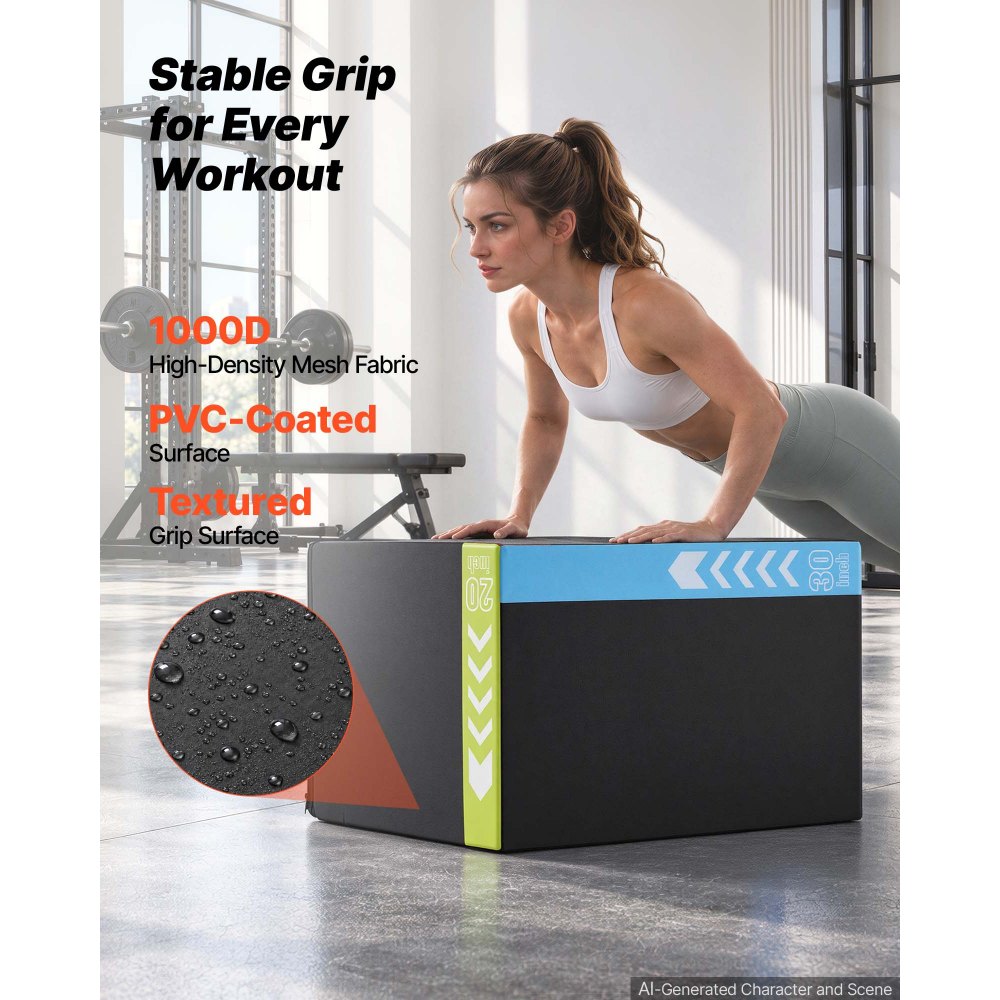 VEVOR 3-in-1 Rebonded Foam Plyo Box, 20/24/30-Inch, Plyometric Jump Boxes, for Home Gym, Non-Slip Step-Up Training Exercise Platform with Impact Cushioning, PVC Mesh, Shape Retention & Stable Support