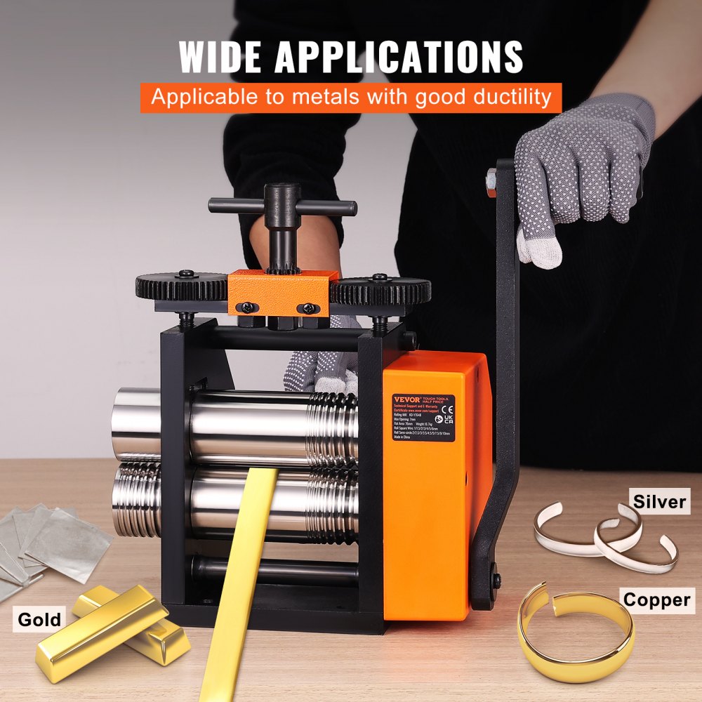 VEVOR Rolling Mill, 3"/76 mm Jewelry Rolling Mill Machine, 1: 2 Gear Ratio, 3-in-1 Multi-function Rolling Mill, 0.1-7mm Press Thickness for Metal Jewelry Making Sheet Square Wire Semicircle Pattern
